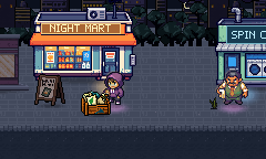 The Block storefronts lit up after dark
